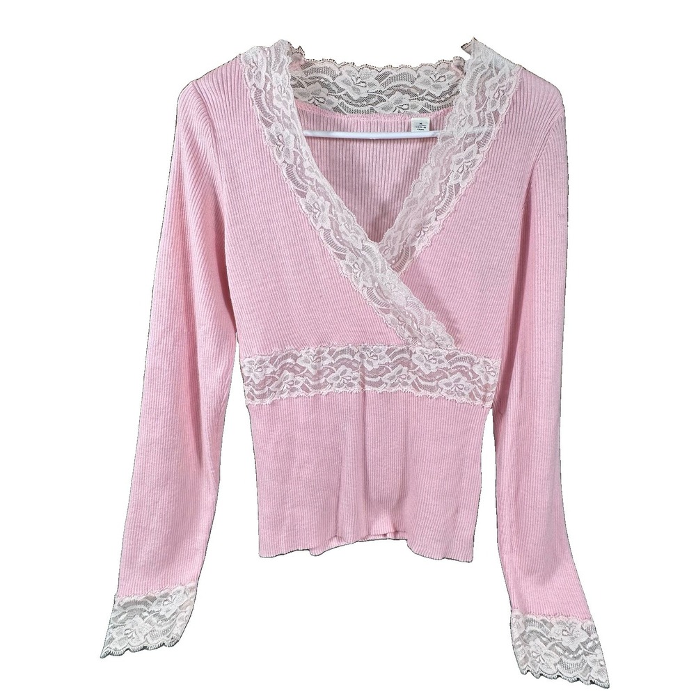 Y2K Coquette Wrap Top Medium Floral Lace Fairy Dollette Cute Girl Pink 90's VTG
